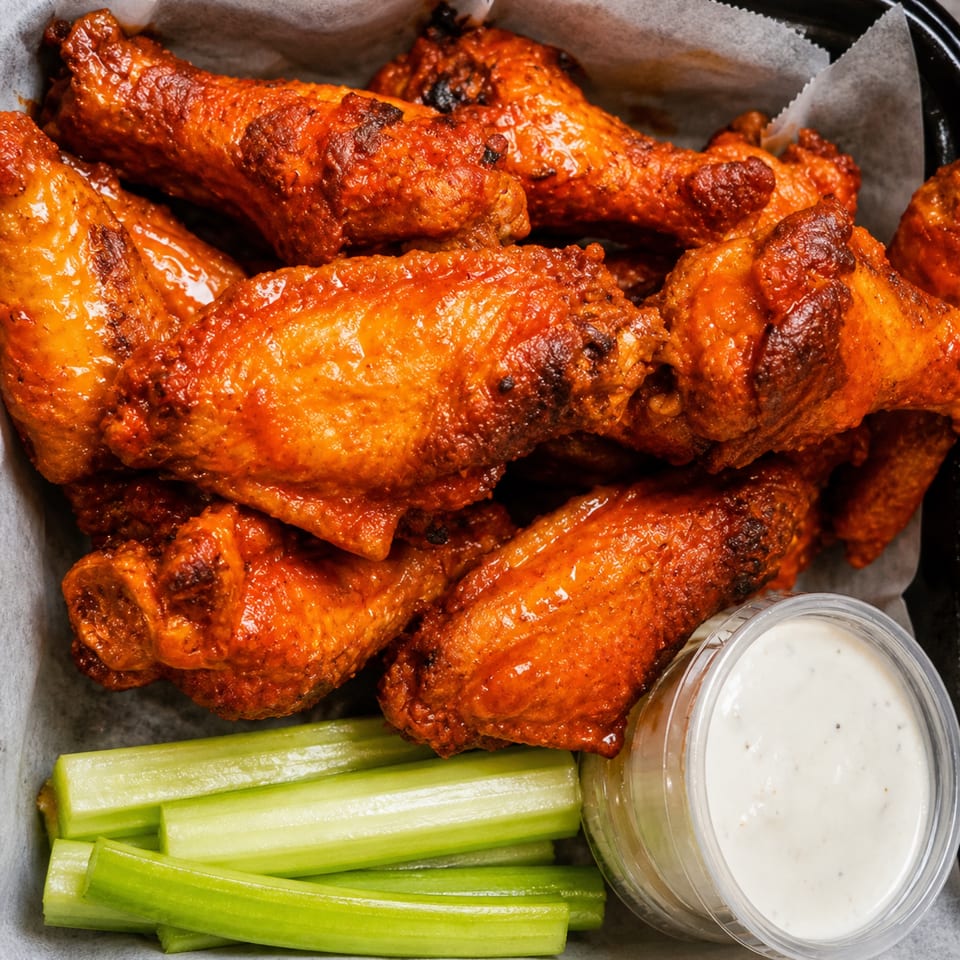 A basket of crispy, saucy buffalo chicken wings with celery sticks and a side of ranch dressing.