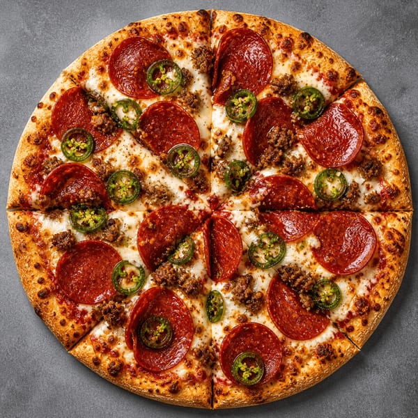 A whole pepperoni, sausage, and jalapeño pizza, sliced into eight pieces, on a gray surface.