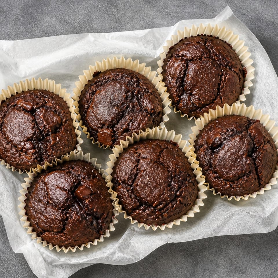 Six rich chocolate muffins with chocolate chips in paper liners, arranged on white parchment paper.