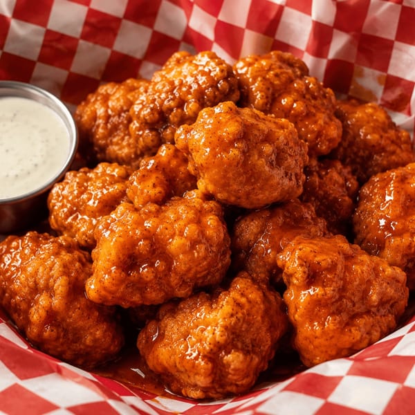 A basket of boneless buffalo wings with a side of ranch dressing, served in a red and white checkered paper.