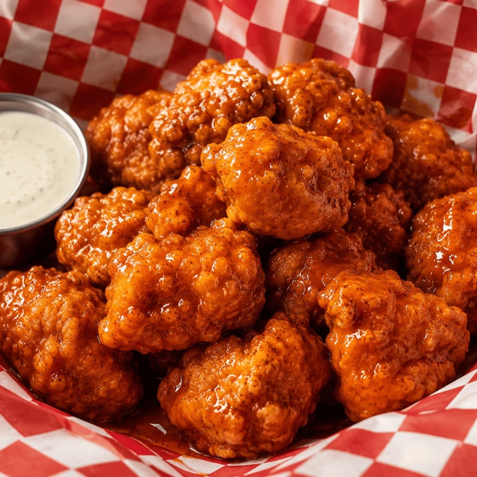 A basket of boneless buffalo wings with a side of ranch dressing, served in a red and white checkered paper.