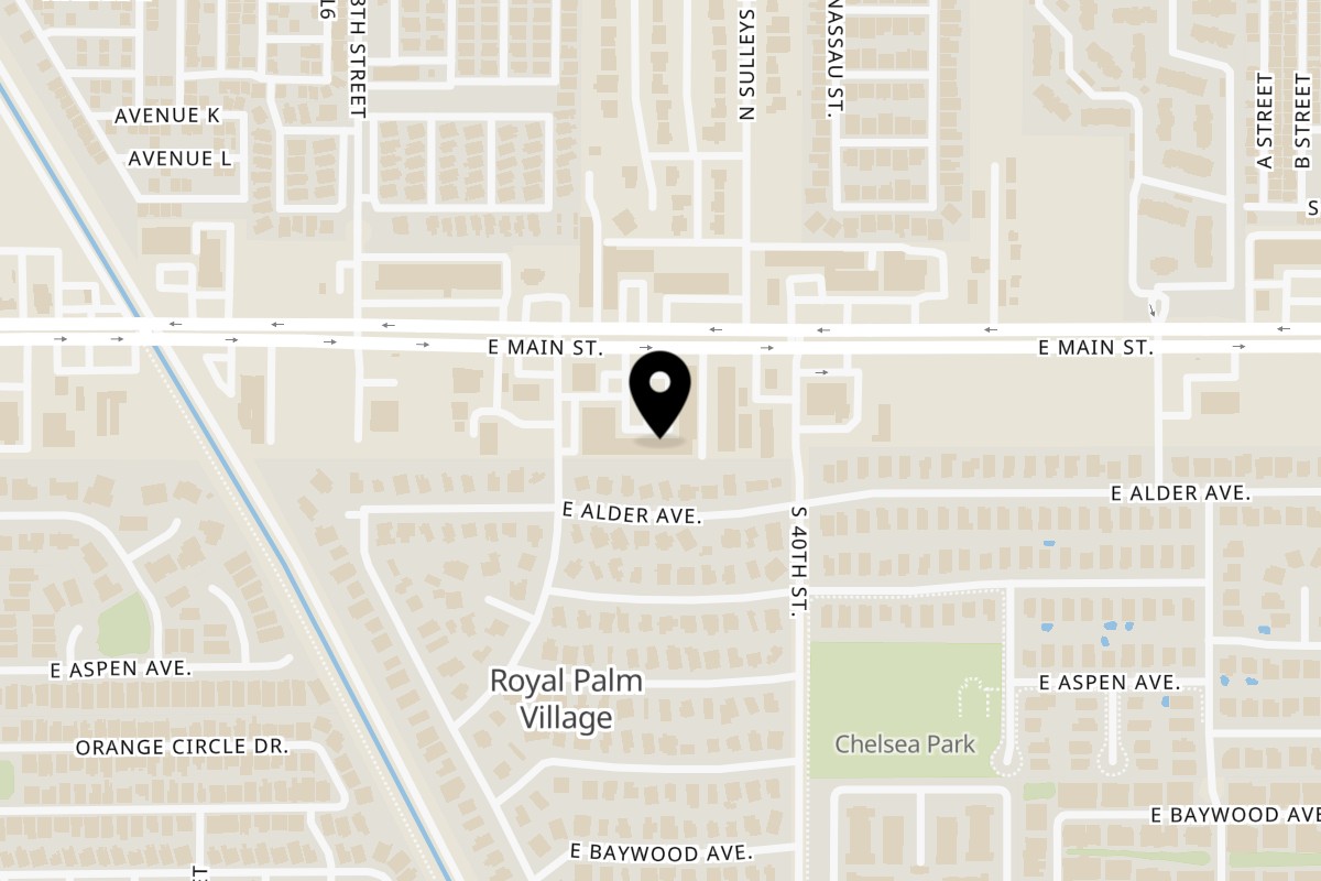 Map showing the location of Twisted Pies Pizzeria on 3929 E Main St #16 in Mesa